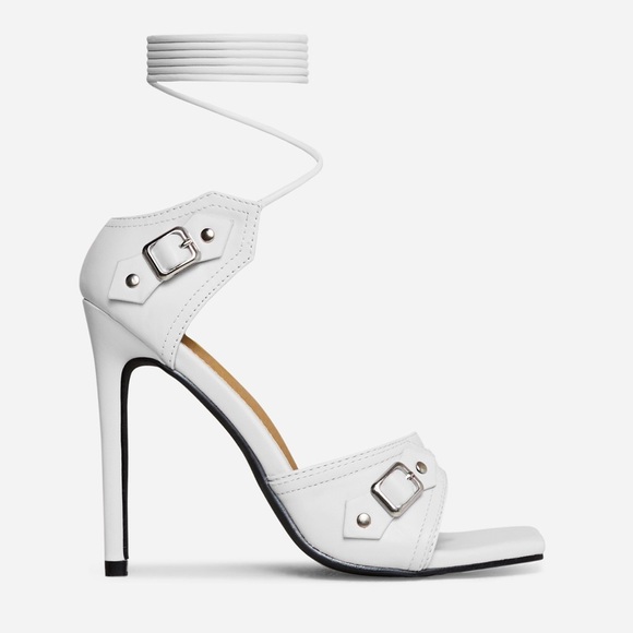 Free Gift With Purchase-White square toe silver buckle ankle strap heel - Picture 5 of 8